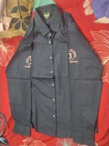 Navy Blue Button-Up Shirt with Graphic Print