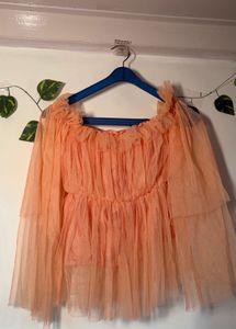 Peach Off-Shoulder Ruffled Tulle Top