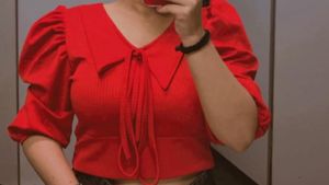 Vibrant Red Puff Sleeve Collared Crop Top
