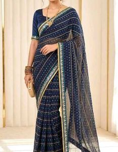 Elegant Navy Blue Printed Saree