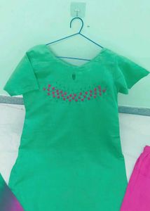 Green Kurta Set with Pink Leggings &amp; Dupatta