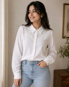 Elegant White Lace Trim Button-Up Blouse