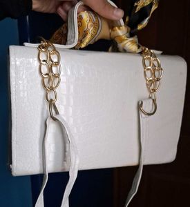 Chic White Shoulder Bag with Scarf Detail