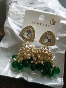 Green &amp; Gold Jhumka Earrings
