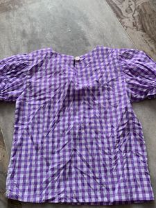 Cute Purple Gingham Puff Sleeve Top