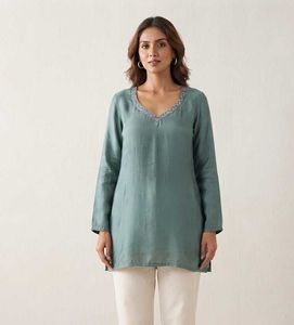 Elegant Teal Kurta with Neck Embellishment