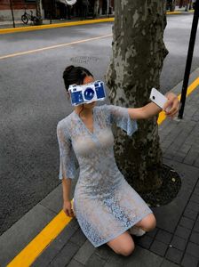 Sheer Lace Blue Mini Dress