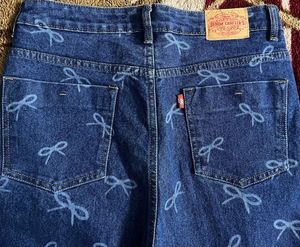 Cute Bow Print Wide Leg Jeans