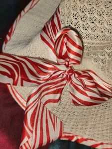 Stylish White Knit Hat with Red Ribbon