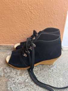 Black Suede Peep-Toe Wedge Boots