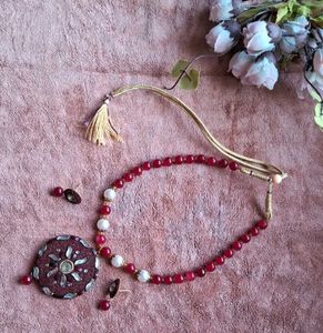 Designer Red Beaded Necklace with Earrings
