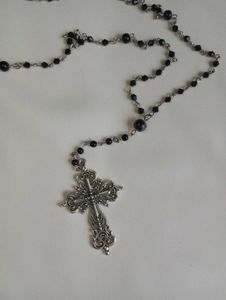 Black Beaded Rosary Necklace