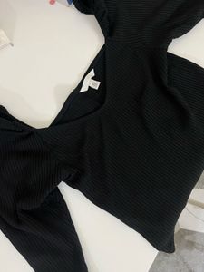 Black Ribbed Puff Sleeve Top