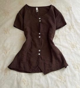 Brown Button-Up Short Sleeve Top