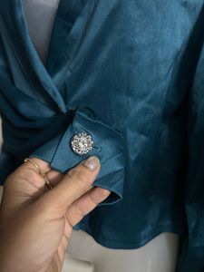 Teal Satin Double-Breasted Blazer Top