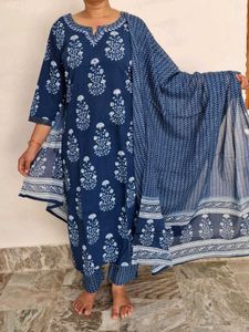 Blue Floral Print Kurta Set with Dupatta
