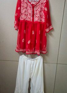 Chikankari Kurti &amp; White Palazzo Set
