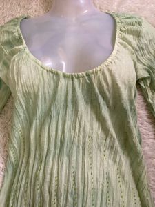 deep neck Green Textured Long Sleeve Top