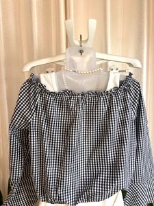 Imported Gingham Bell Sleeve Crop Top