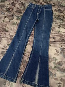 Dark Blue Split-Hem Flare Jeans
