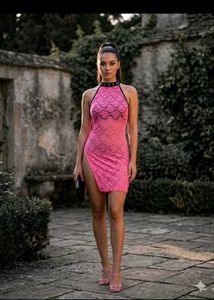 Hot Pink Lace Dress with High Slit