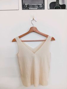 Cream Ribbed V-Neck Tank Top