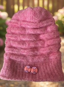 Cute Pink Knit Beanie Hat with Buttons