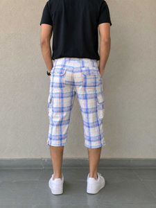 Men's Cargo Capri | Check Print | Cotton Ble
