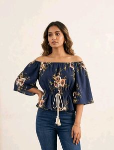 Navy Blue Floral Off-Shoulder Top