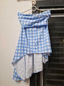 Blue &amp; White Gingham Off-Shoulder Top
