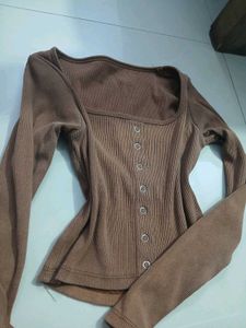 Brown Ribbed Square Neck Button-Up Top