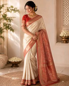 Elegant Cream & Red Banarasi Silk Saree