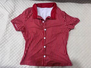 Chic Red Striped Button-Up Top