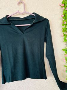 Dark Green Collared Long Sleeve Top