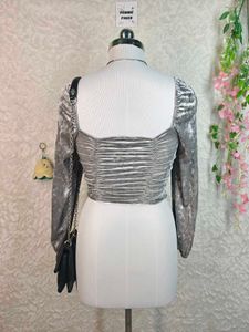 H&amp;M Silver Velvet Ruched Top