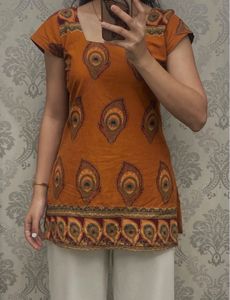 Orange Peacock Print Kurta