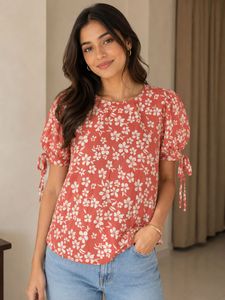 Chic Floral Print Top with Tie Sleeves
