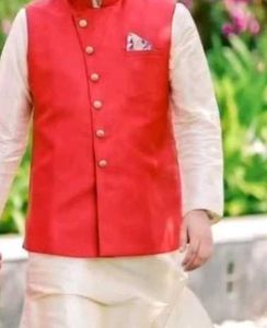 Manyavar Red Nehru Jacket with Gold Buttons