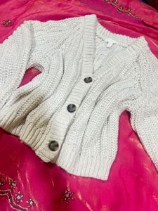 white  Knit Button-Up Cardigan