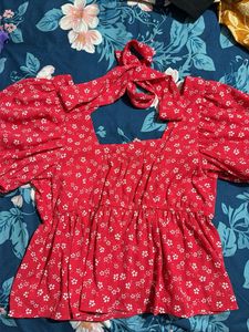 Red Floral Puff Sleeve Top