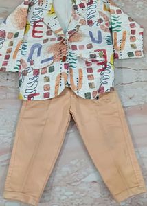 kid's Printed Blazer & Peach Trousers Set