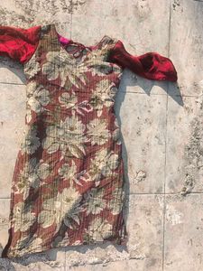 Vibrant Floral Print Kurta with Red Sleeves