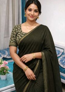💚Elegant Dark Green Saree with Contrast Blouse💚