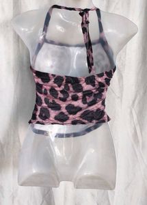 I. Leopard Print Halter Neck Crop Top