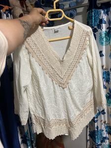 Boho Lace Trimmed V-Neck Tunic Top