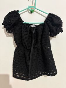 Chic Off-Shoulder Black Eyelet Top
