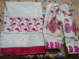 Elegant cream salwar suit material with Pink Embro