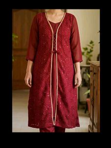 Maroon Attached Jacket Kurta and trouser (set)