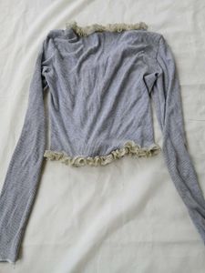 Gray Ruffle Trim Cardigan
