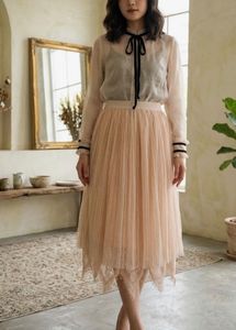 Elegant Pleated Midi Skirt with Lace Trim